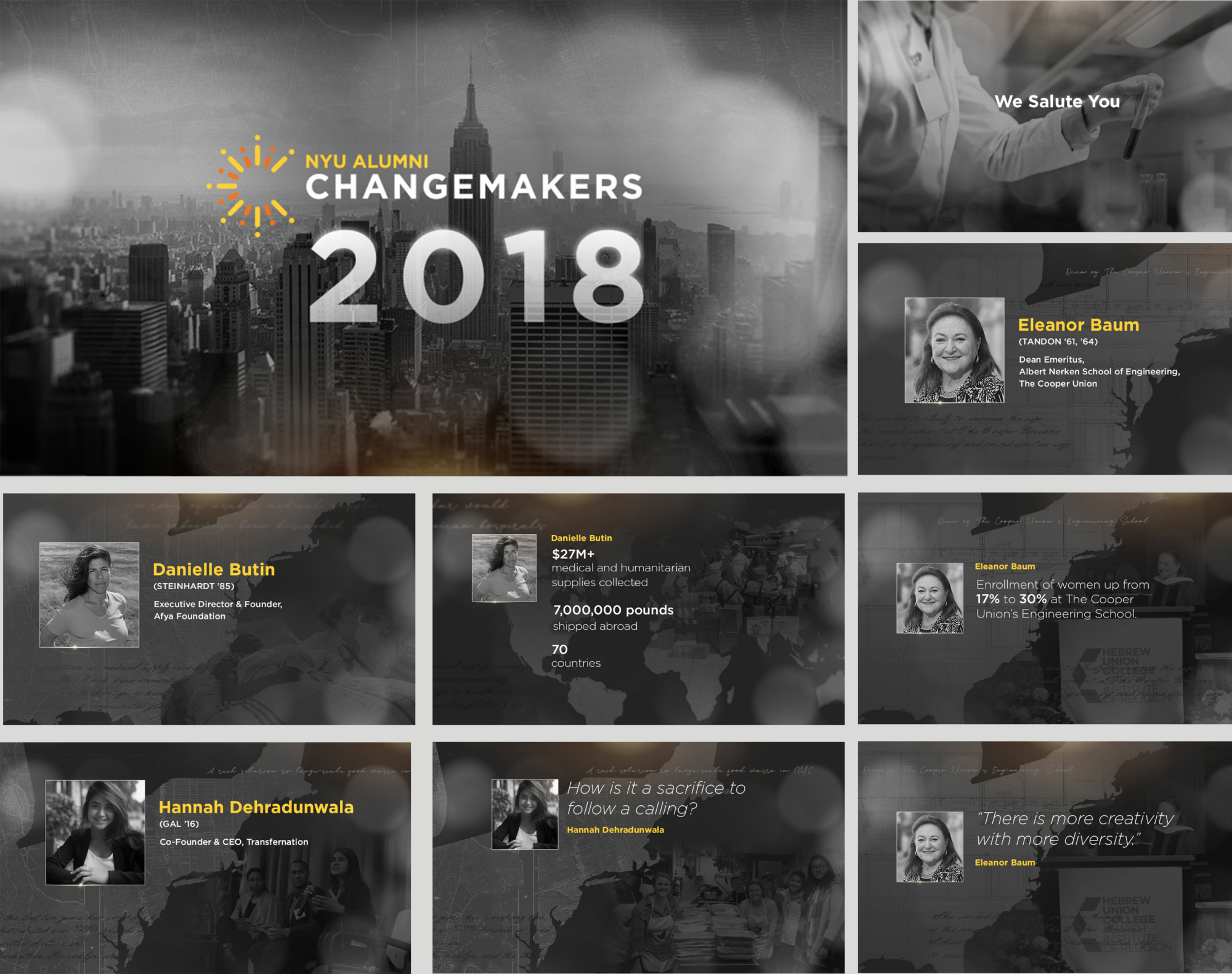 Storyboards for NYU Alumni Changemakers 2018 awardee video