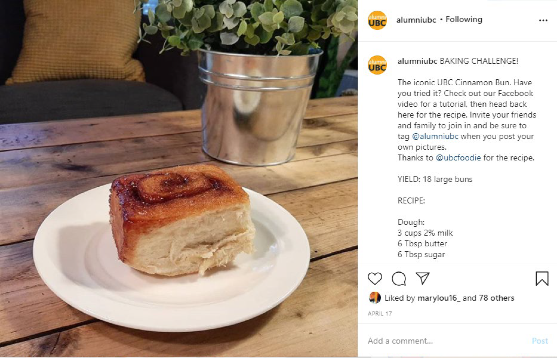 Instagram screenshot of alumniUBC cinnamon bun recipe post.
