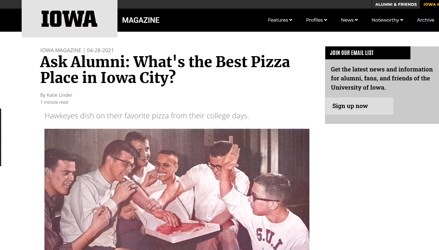 Webpage screenshot of IOWA magazine article on University of Iowa alumni pizza recommendations.
